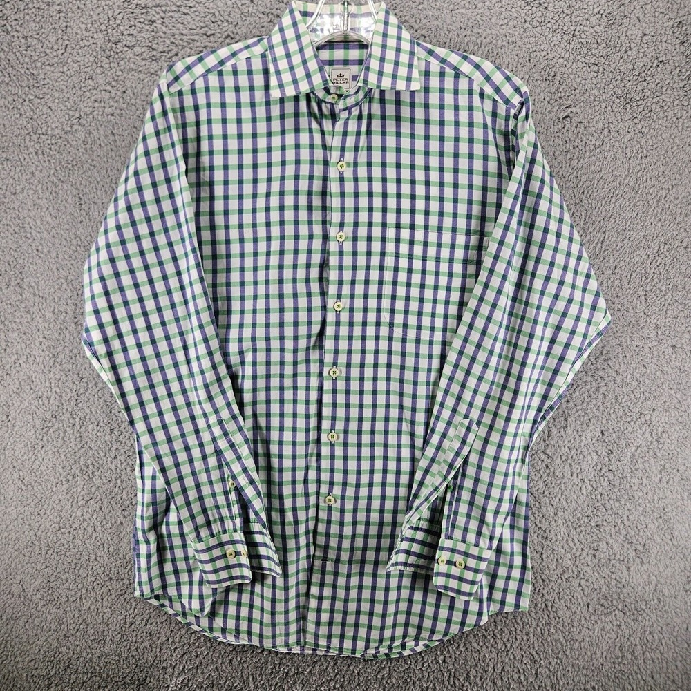 Peter Millar Mens Medium Green Purple Gingham Check Cotton Button Down Shirt